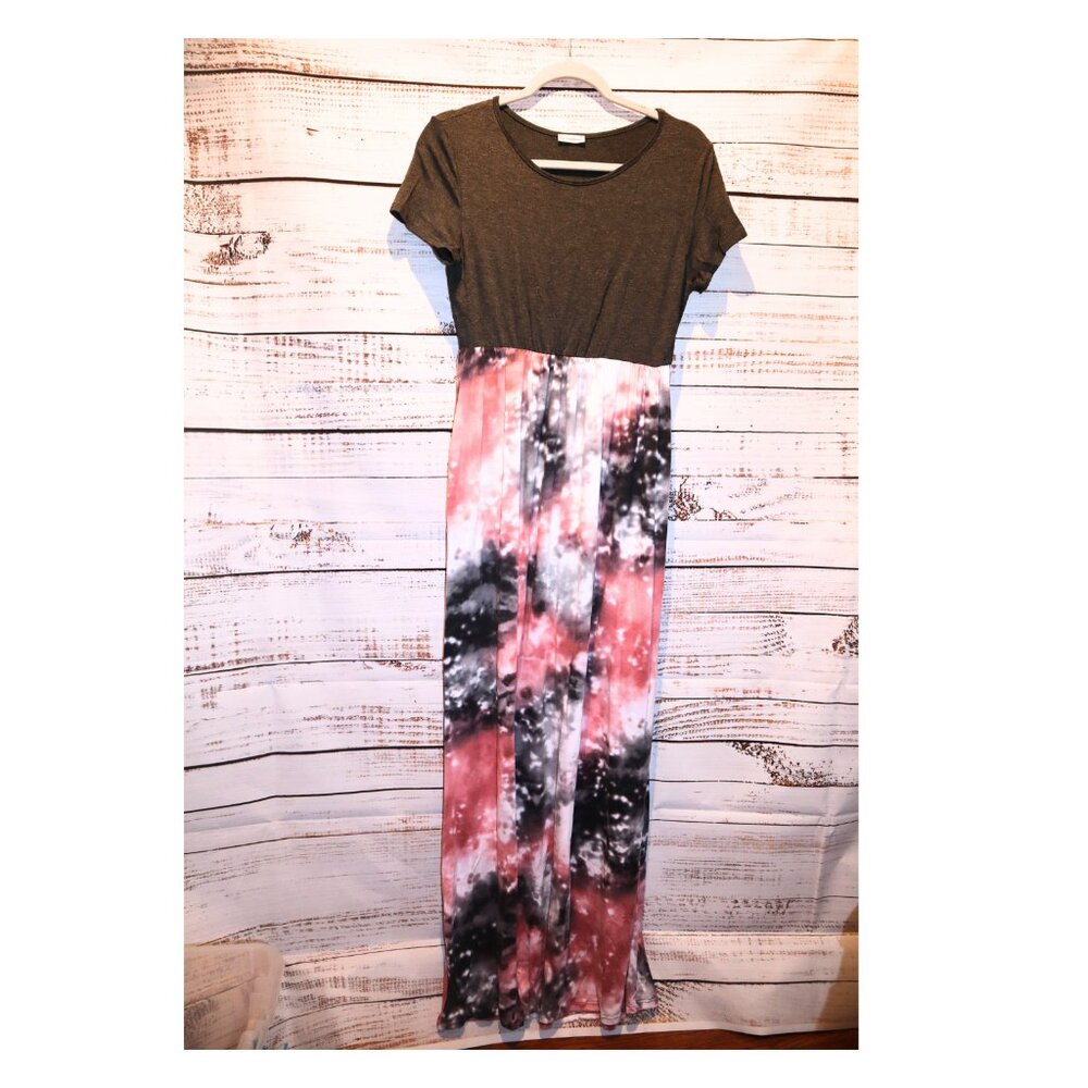 Gray & Pink Tie-Dye Knit Maxi Dress Short Sleeve Empire Waist Large
